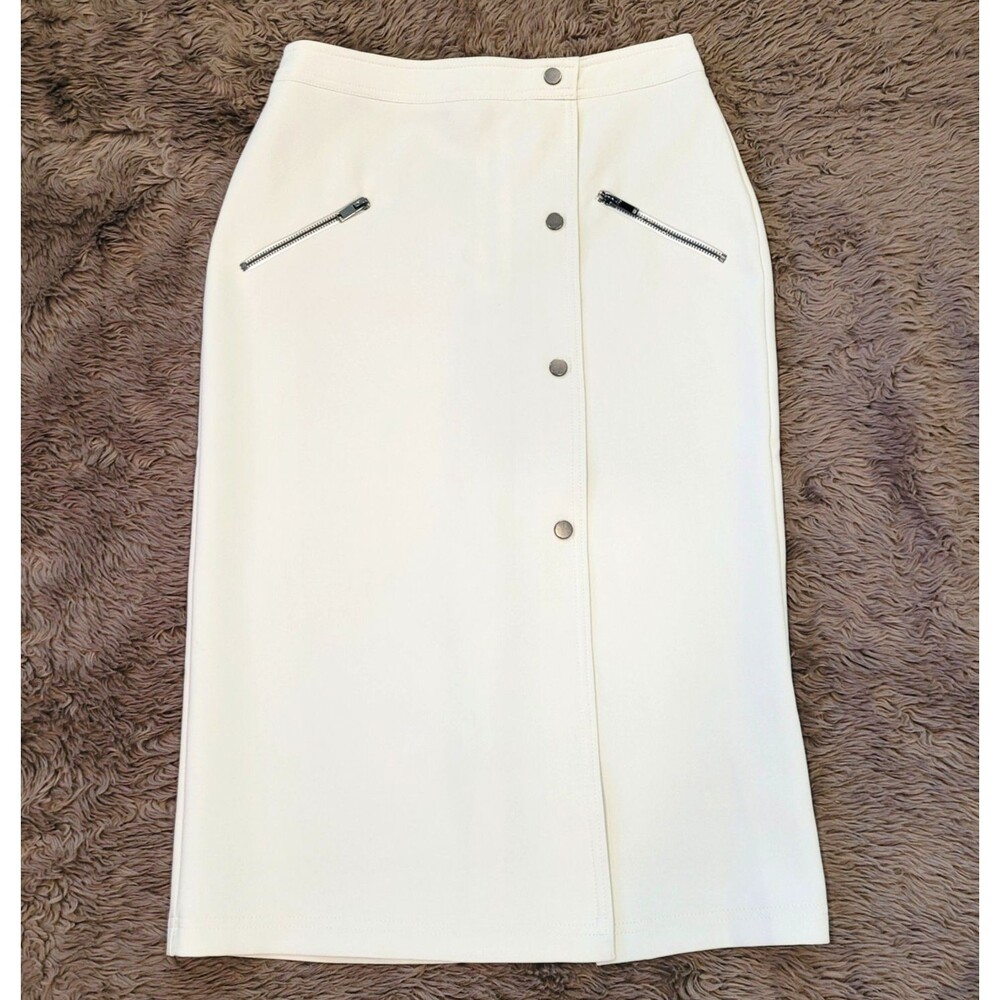 TOPSHOP Snap & Zip Midi Sz 6 Cream Moto Skirt Work Career Luxury Designer Slit